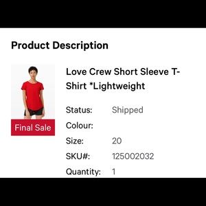Lululemon Love crew short sleeve t size 20 red